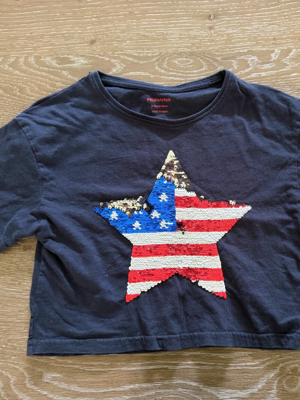Girls Primark navy blue sequin star flag short sleeve cropped t-shirt size 9-10